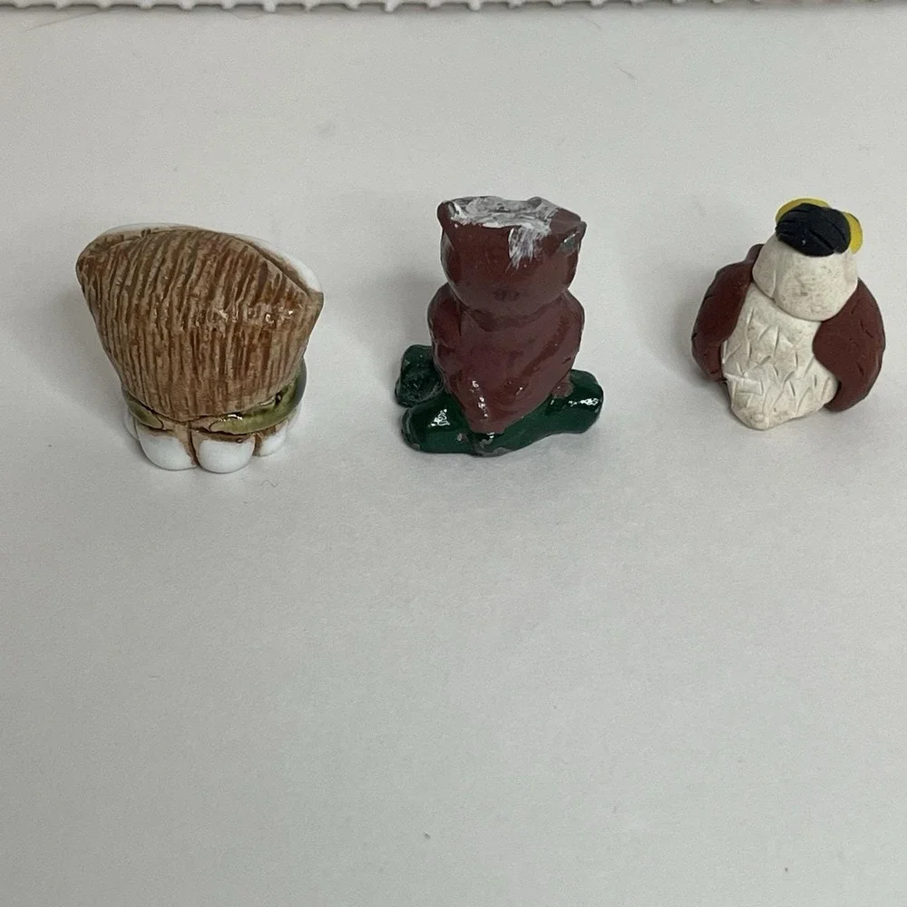 Vintage Lot of 3 Miniature Ceramic Clay & One Metal Owl Eagle Figurines Bird